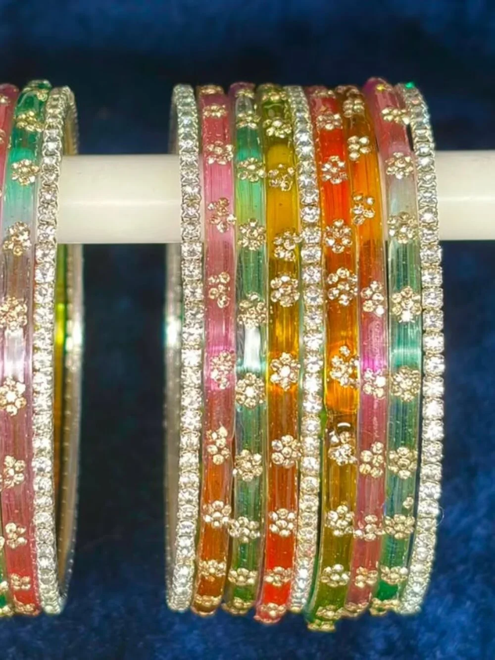 Sparkling Floral Rhinestone Bangle Pair, Multi-Color Stackable Party Wear Bracel